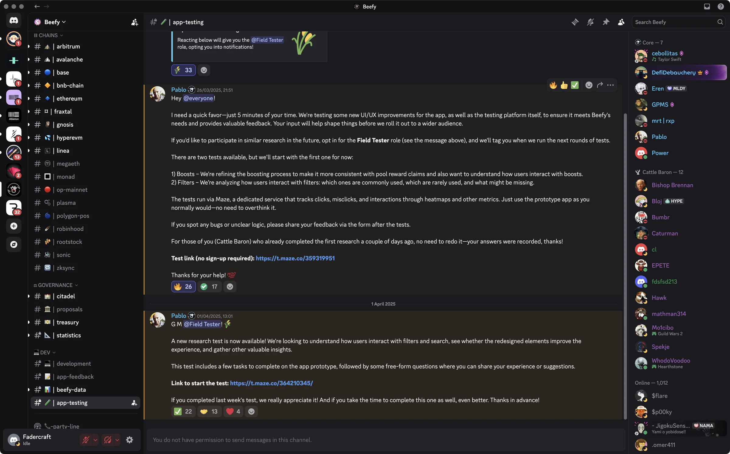 The #app-testing channel on Beefy's Discord server: a post about the Field Tester role with 33 reactions, and the product manager's posts linking to both Maze tests