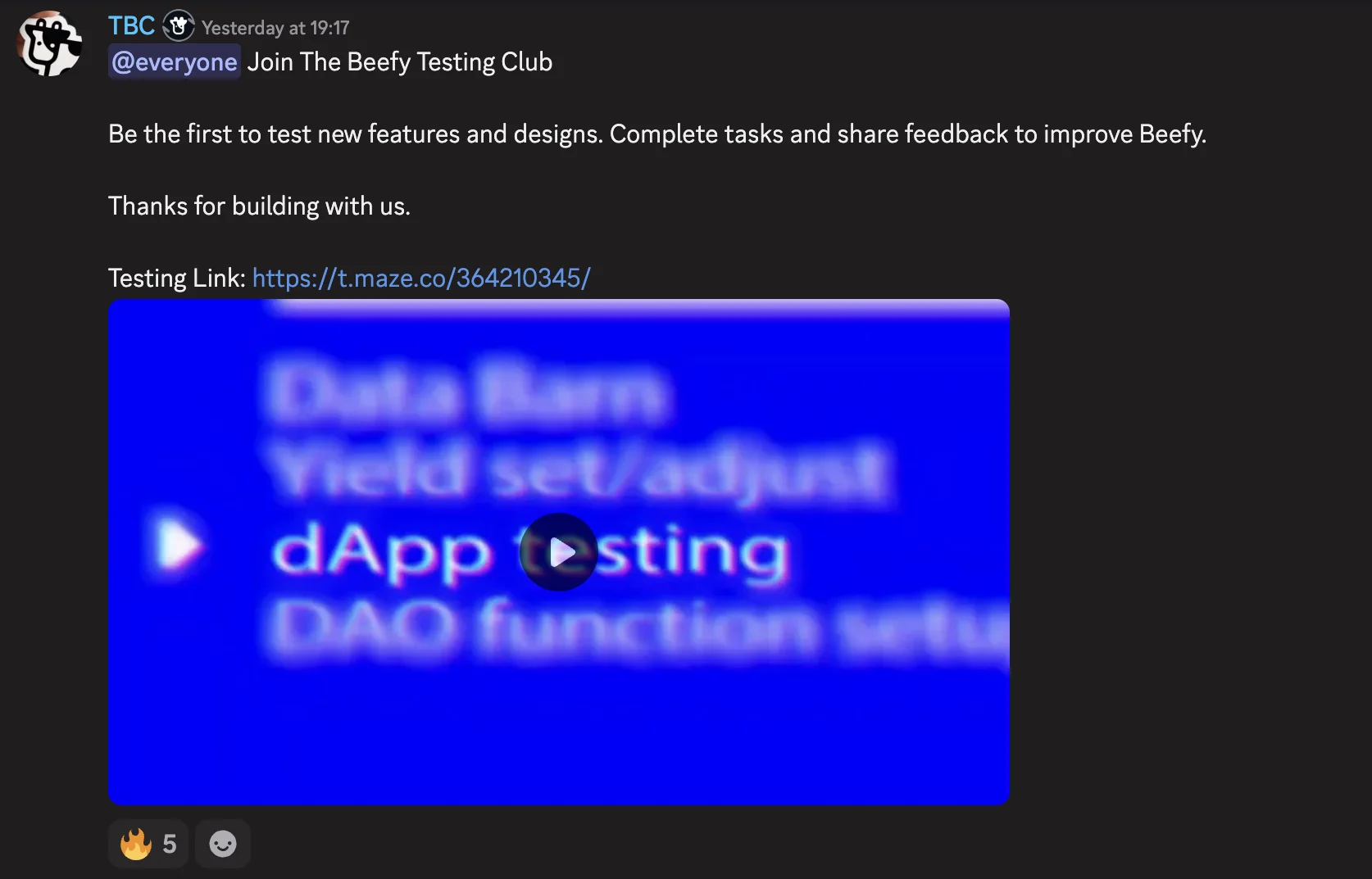 A message on Beefy's Discord server: an invitation to join The Beefy Testing Club, with a link to the Maze test and a promo video