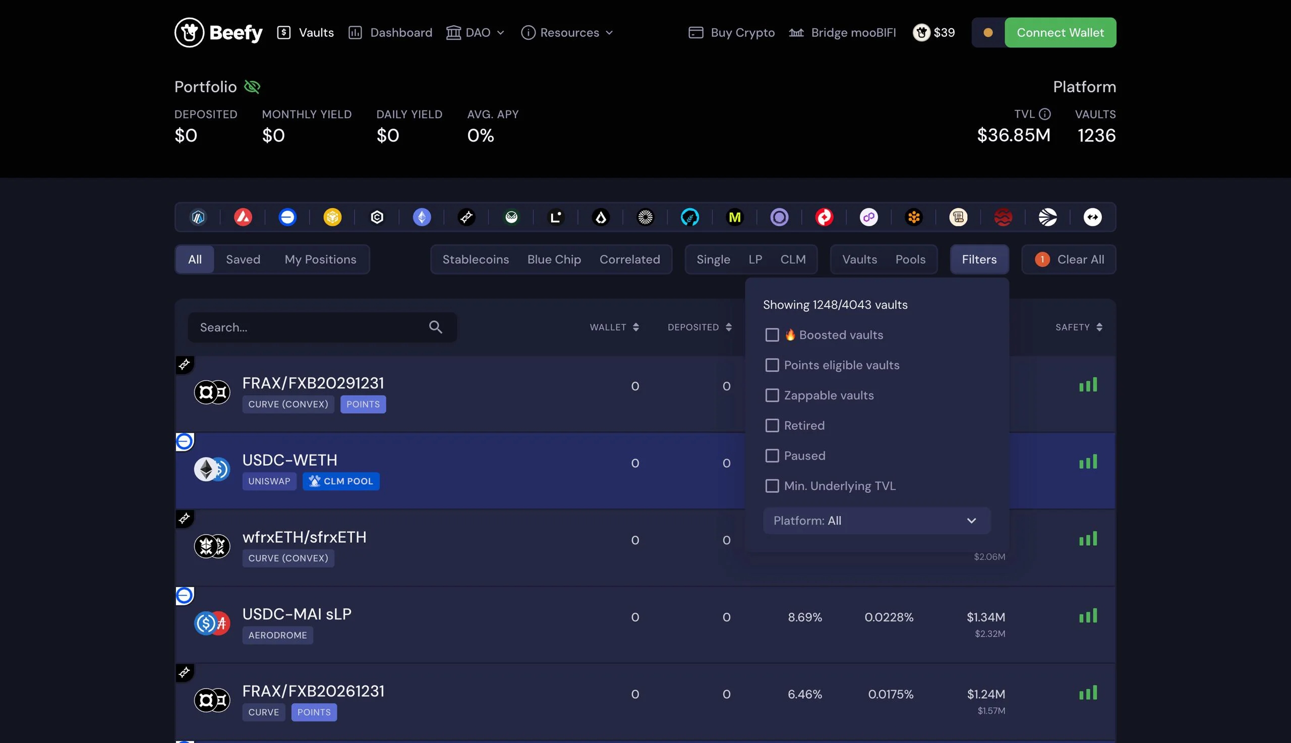 Beefy's home page before the rework, with the filter panel open: Boosted vaults and Min. Underlying TVL checkboxes, and platform selection at the very bottom of the list – the panel covers the table columns