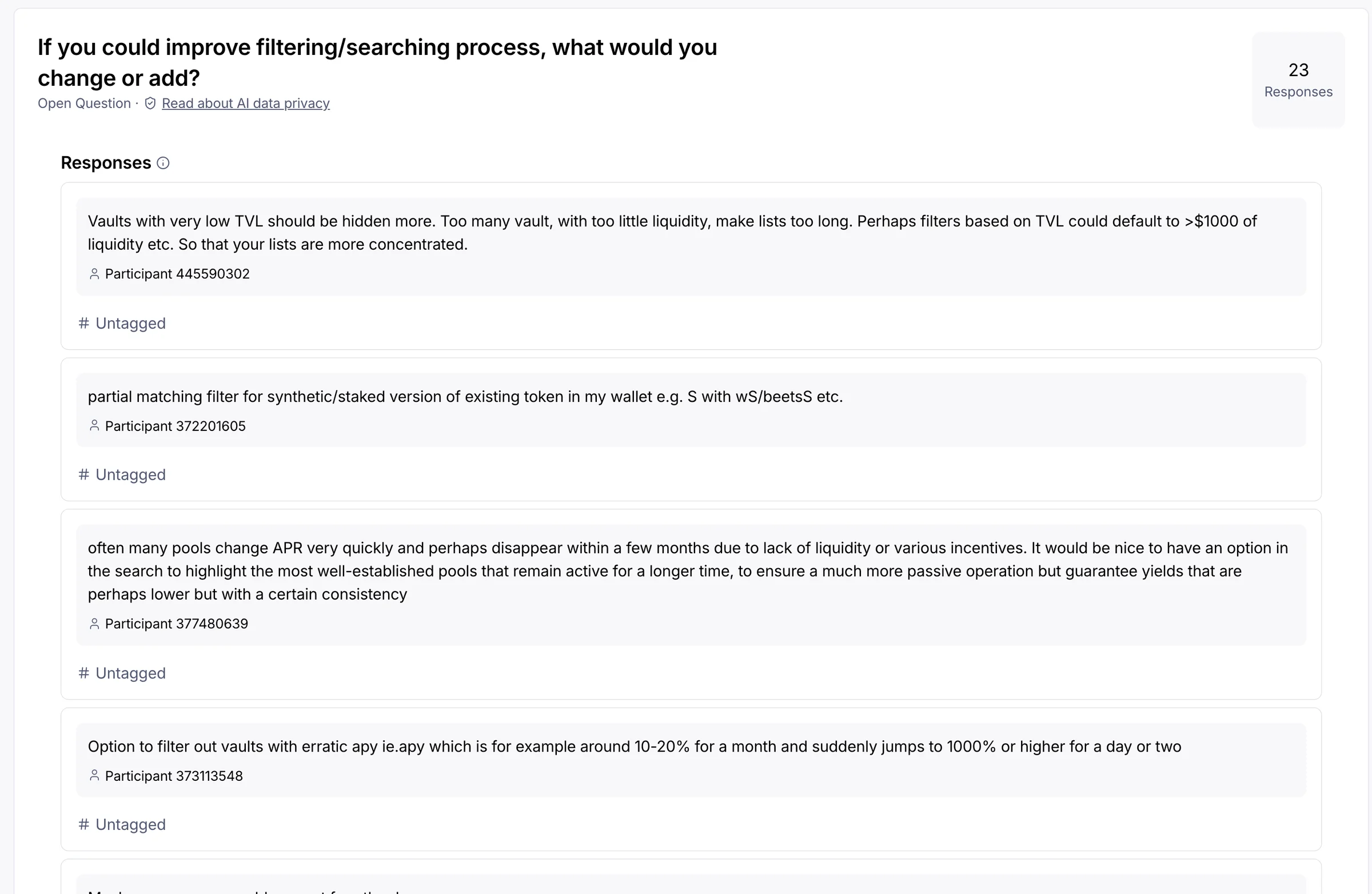 Open-question block in the Maze report: 23 answers on what participants would change about filtering and search