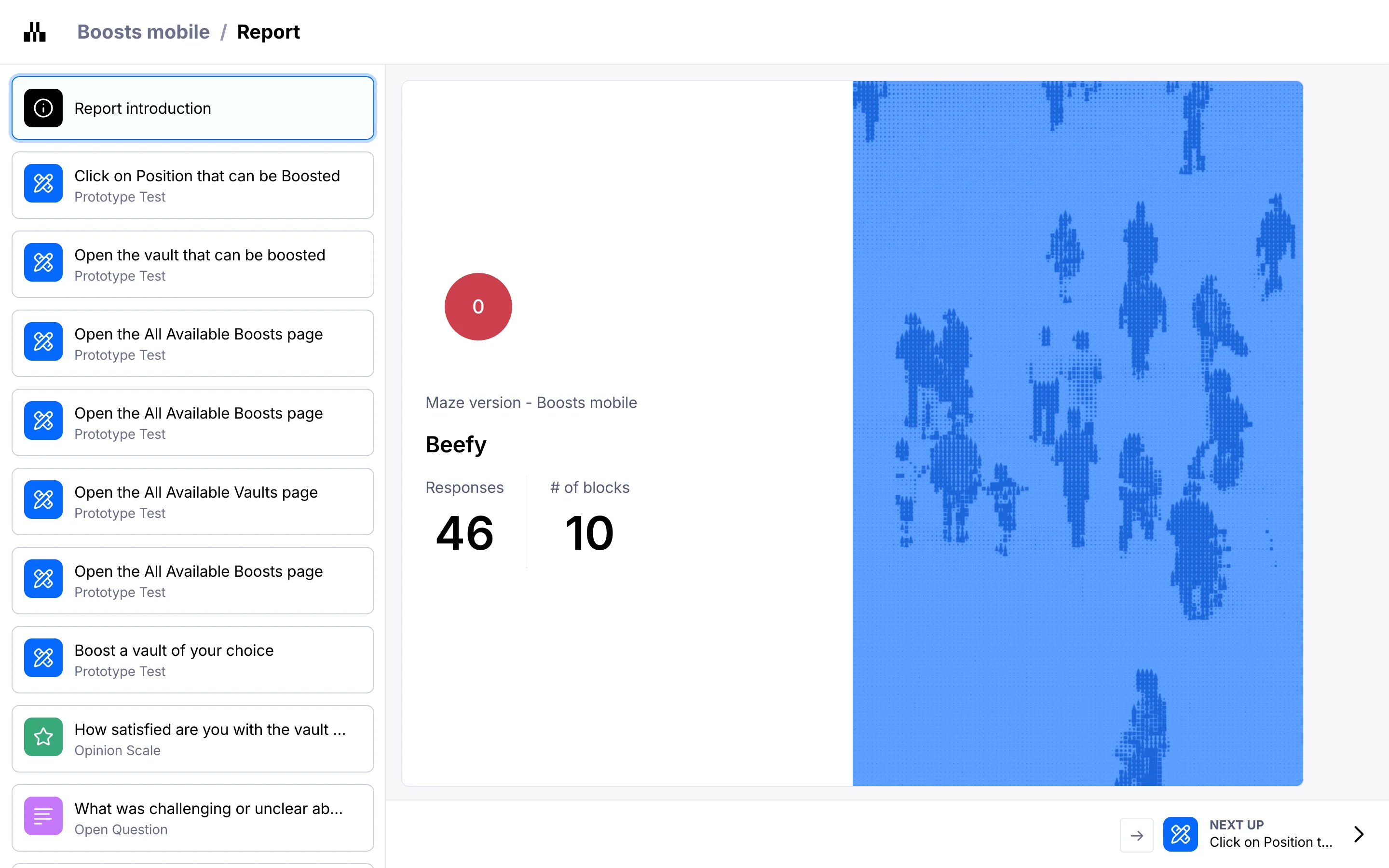 Maze report on the boosts research: a list of ten test blocks and metrics for each task