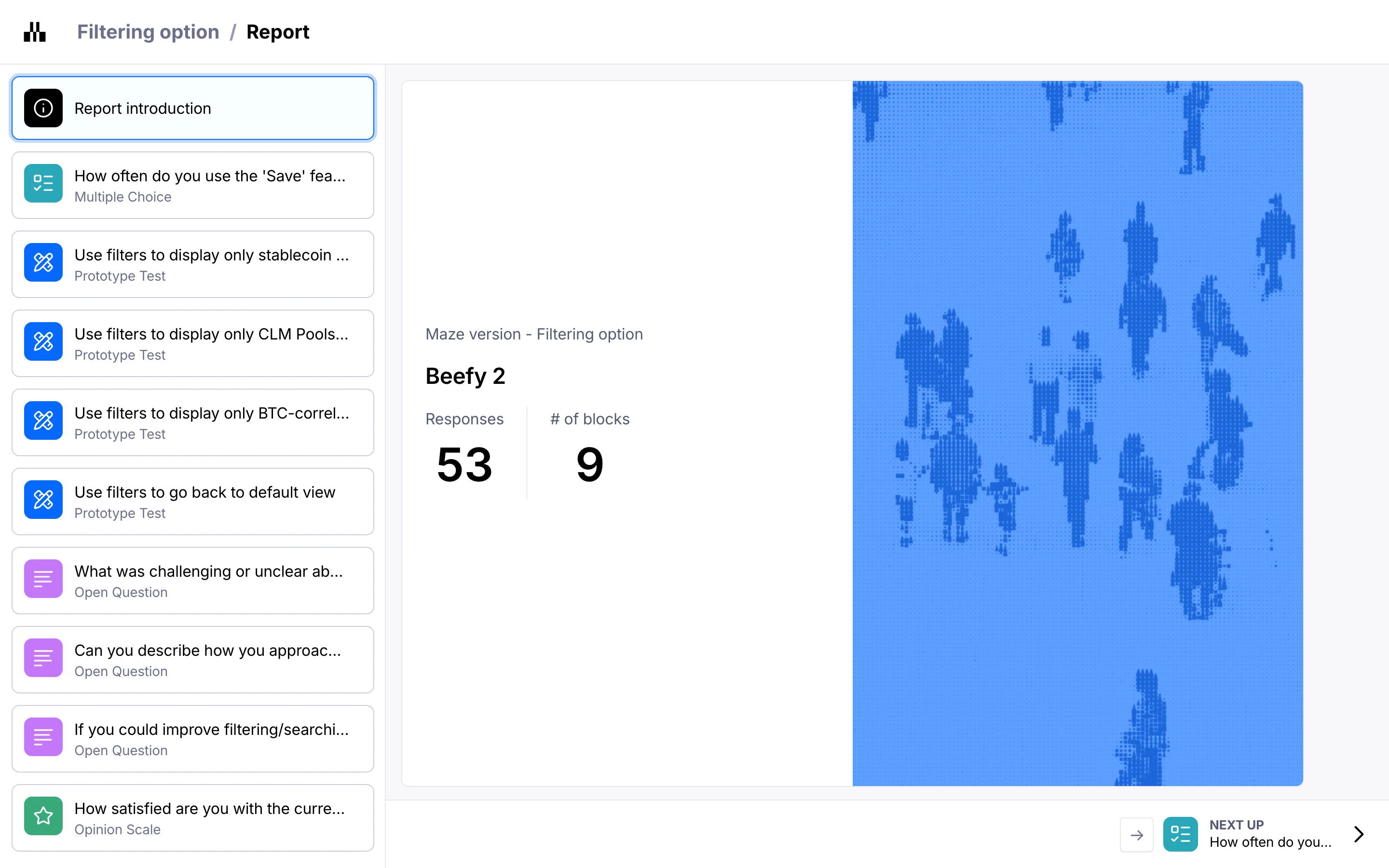 Maze report on filters and search research: nine test blocks and 53 responses