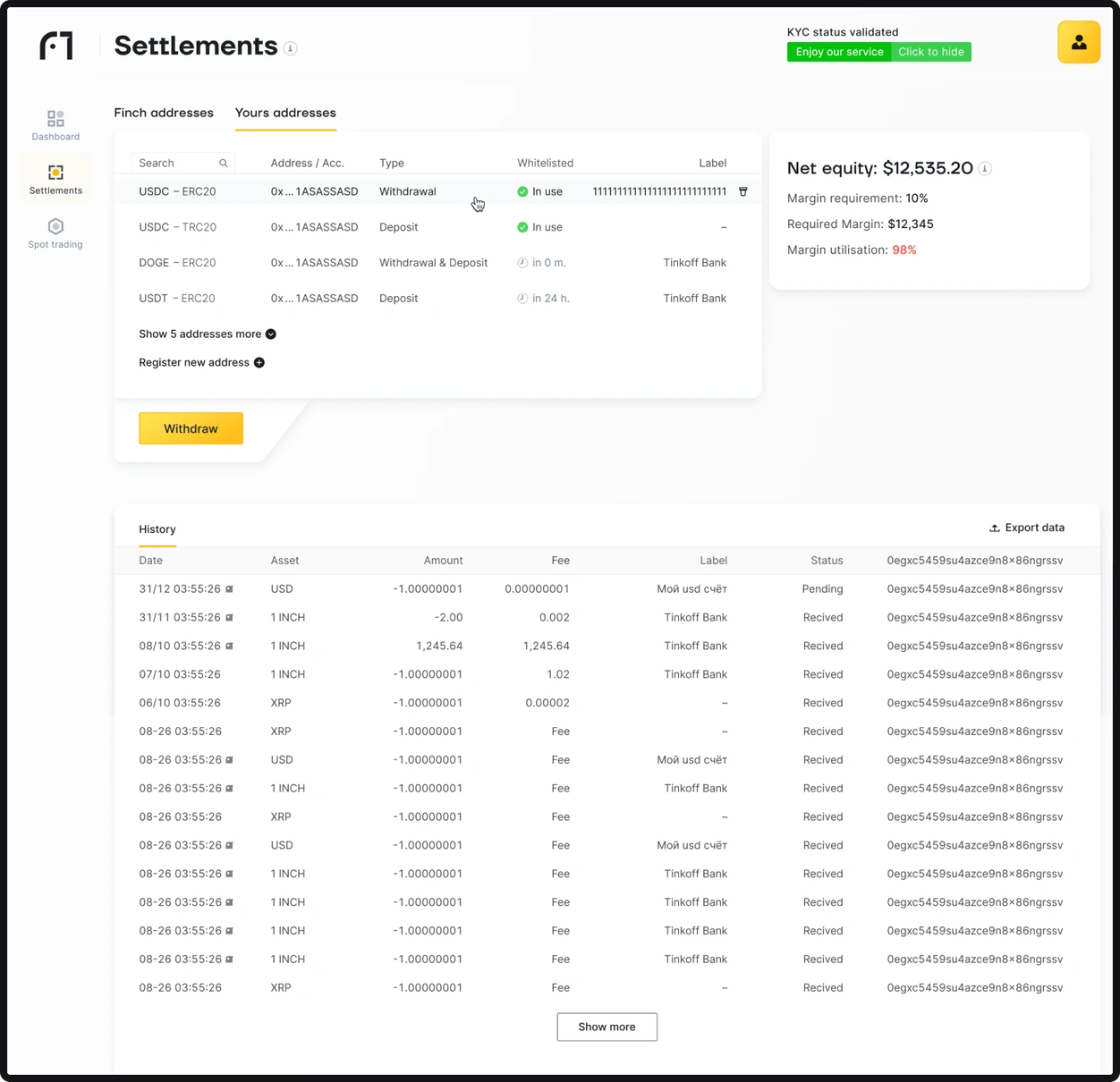 Settlements: whitelisted deposit and withdrawal addresses above the transaction history, desktop