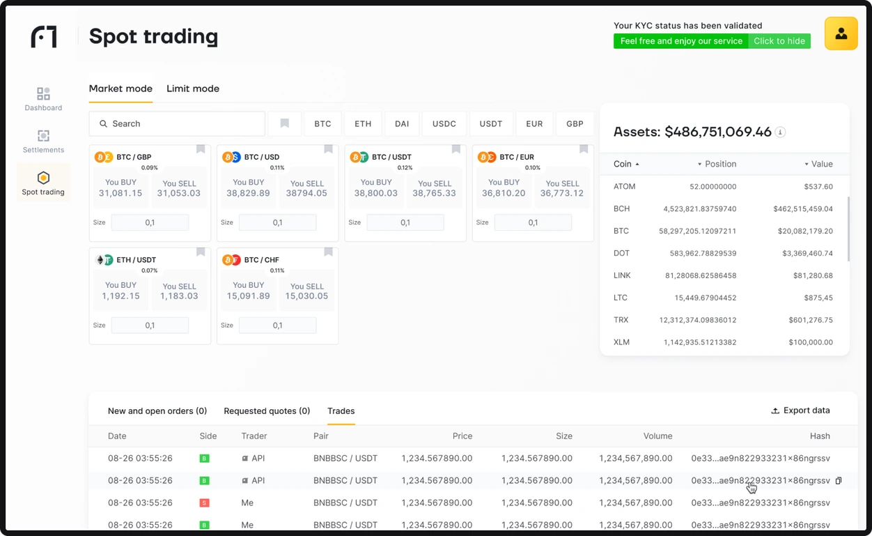 Spot trading: market and limit mode, quote tiles per pair, assets and the trades table, desktop