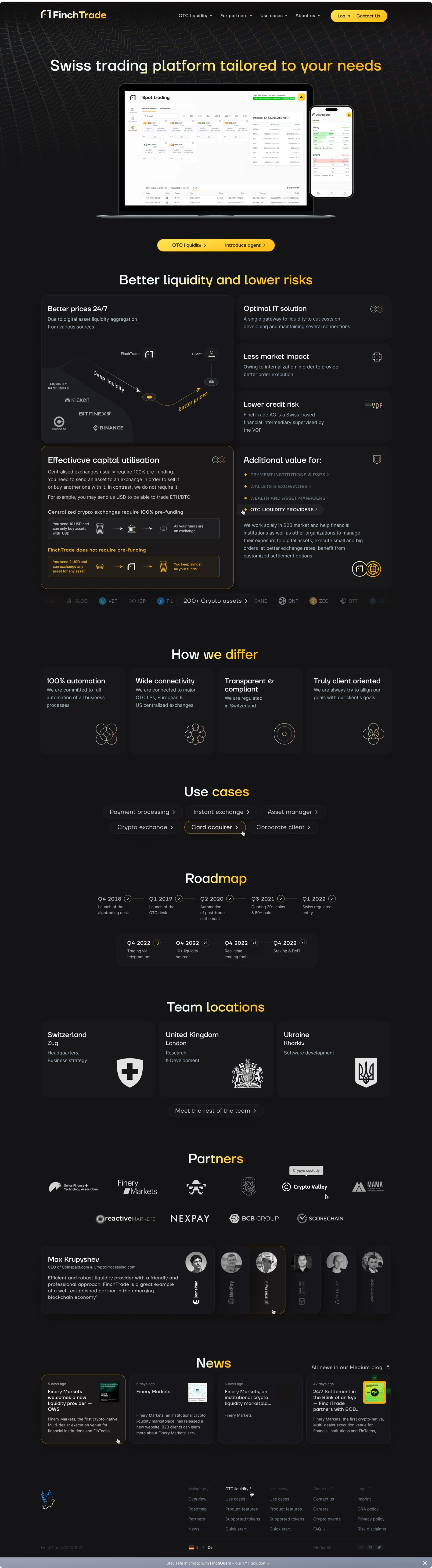 FinchTrade product website: hero, liquidity and risk sections, desktop and mobile